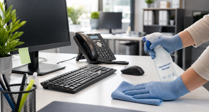 Person reinigt einen Arbeitsplatz.