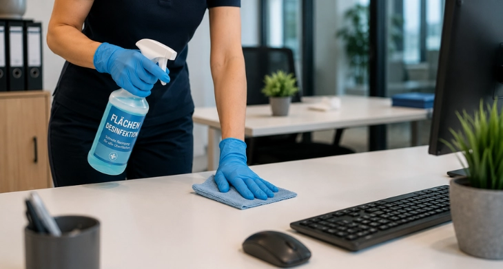 Reinigungskraft reinigt Schreibtisch mit Flächendesinfektion und Mikrofasertuch