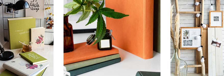 3-geteilte Collage mit nachhaltigen Produkten von Goldbuch:links Fotoalben aus Graspapier, mitte: Notizbücher aus Hanf, rechts: Bilderrahmen aus Bambus.