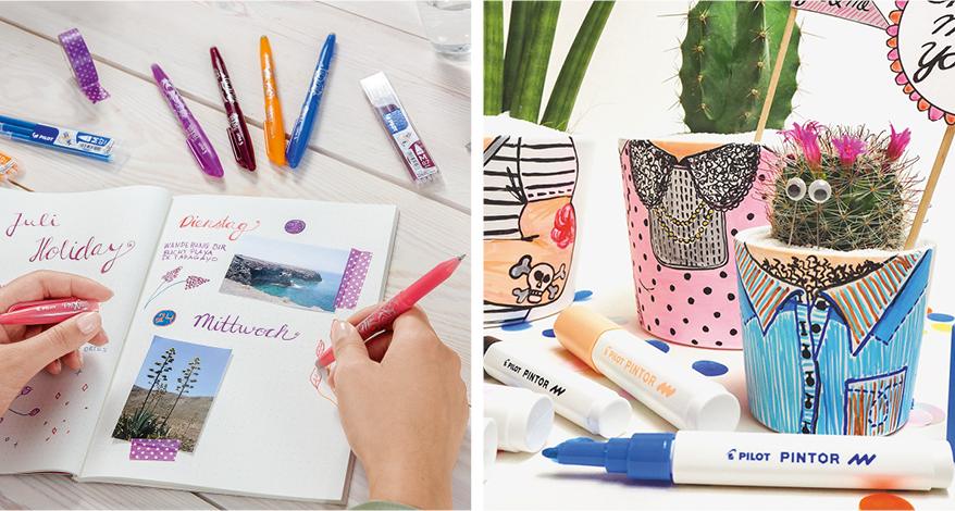2-geteiltes Bild: links radiert jemand etwas mit einem Frixion aus einem Fotoalbum, rechts bunt bemalte Blumentöpfe, davor Pintor Stifte von Pilot.