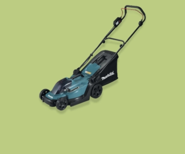 Rasenmäher auf grünem Hintergrund.