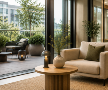 Ein modern eingerichtetes Wohnzimmer und Balkon.