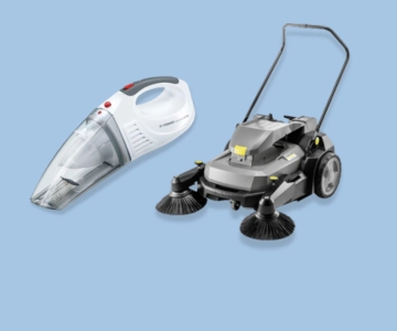 Handsauger und Kehrmaschine vor blauem Hintergrund.