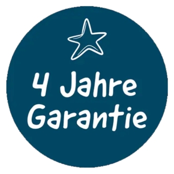 Blauer Kreis mit einem Stern und dem Text "4 Jahre Garantie"
