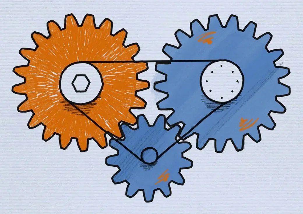 Drei Zahnräder, durch die ein Riemen läuft.