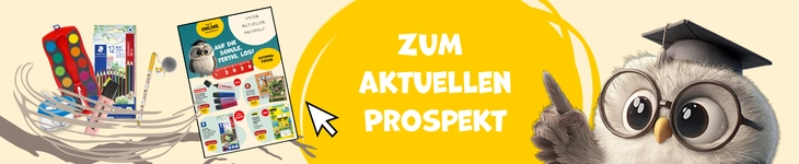 Werbung für Schulartikel mit Link zum Prospekt und buntem Maskottchen.