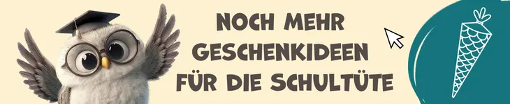 Grafik mit illustrierter Eule und dem Text „Geschenkideen für die Schultüte"