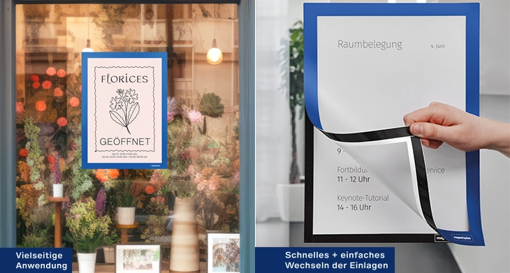 magnetofix® Info-Rahmen an Wand, Fenster und Tür mit Einlegern.