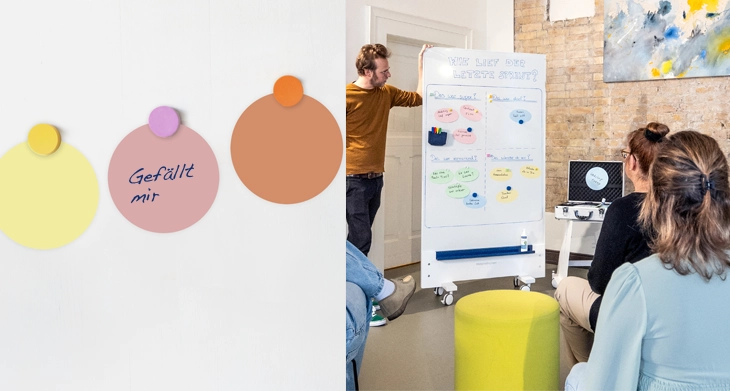 Workshop mit magnetoplan® Moderatorentafel und bunten Moderationskarten.