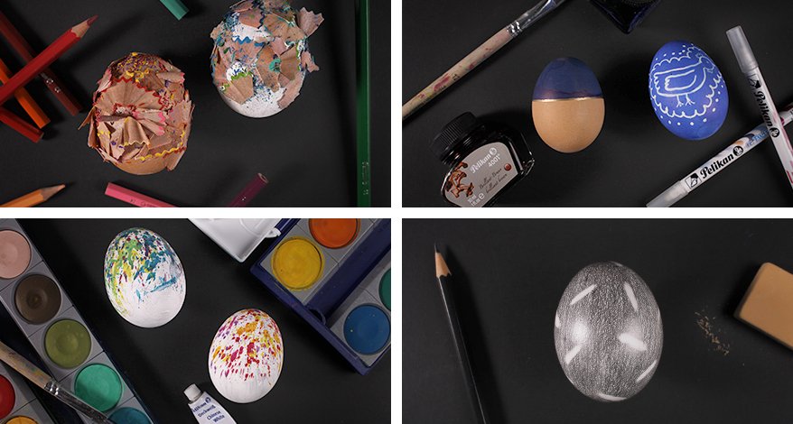Collage mit 4 Bildern. Oben links sieht man 2 Eier, welche mit Spitzer-Resten beklebt wurden. Oben rechts wurden 2 Eier mit blauer Tinte der Marke Pelikan bemalt und teilweise mit Tintenkiller Muster auf die Tinte gemalt. Ein Fass mit blauer Tinte sowie 2 Tintenkiller liegen neben den Eiern. Unten links wurden 2 Eier mit Wasserfarbe halb besprenkelt und bemalt. 2 Wasserfarbkästen der Marke Pelikan und Deckweiß ist zu sehen. Unten rechts wurde ein Ei mit Bleistift bemalt und mit Radiergummi Muster kreiert.