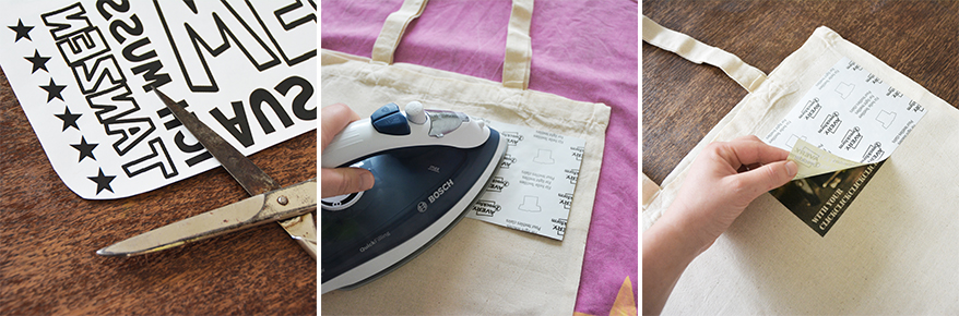 Schritt-für-Schritt Anleitung zeigt, wie man die Folie auf einen Jutebeutel bügelt.