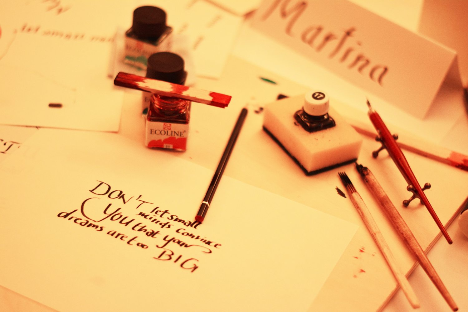 Auf einem Papier ist ein Schriftzug kalligrafiert. Drumherum liegen Schreibfeder, Bleistift und Tinten.