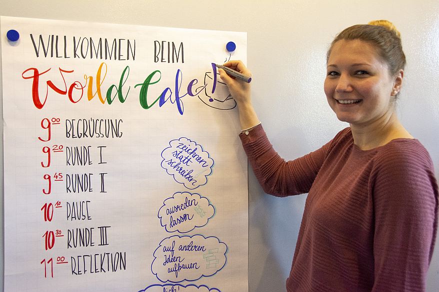 Mitarbeiterin steht an einem Flipchart zum Workshop zum Thema "worldcafe"