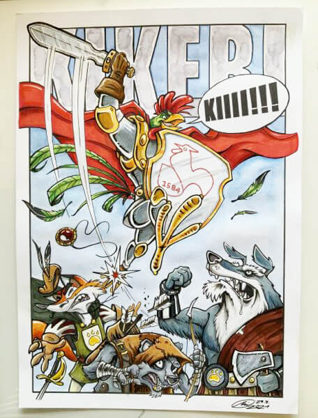 Ein Bild im Comicstil: Ein Hahn in Rüstung springt mit einem "Kikeriki" über Gegner hinweg.