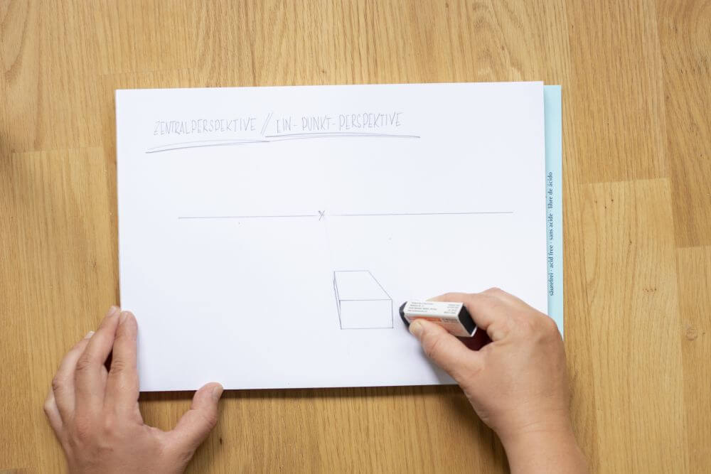 1-Punkt-Perspektive Schritt 6: Von den unteren Ecken Fluchtlinien zum Fluchtpunkt ziehen und von den hinteren Ecken Linien nach unten ziehen, bis sich diese treffen. Alle Hilfslinien wegradieren.