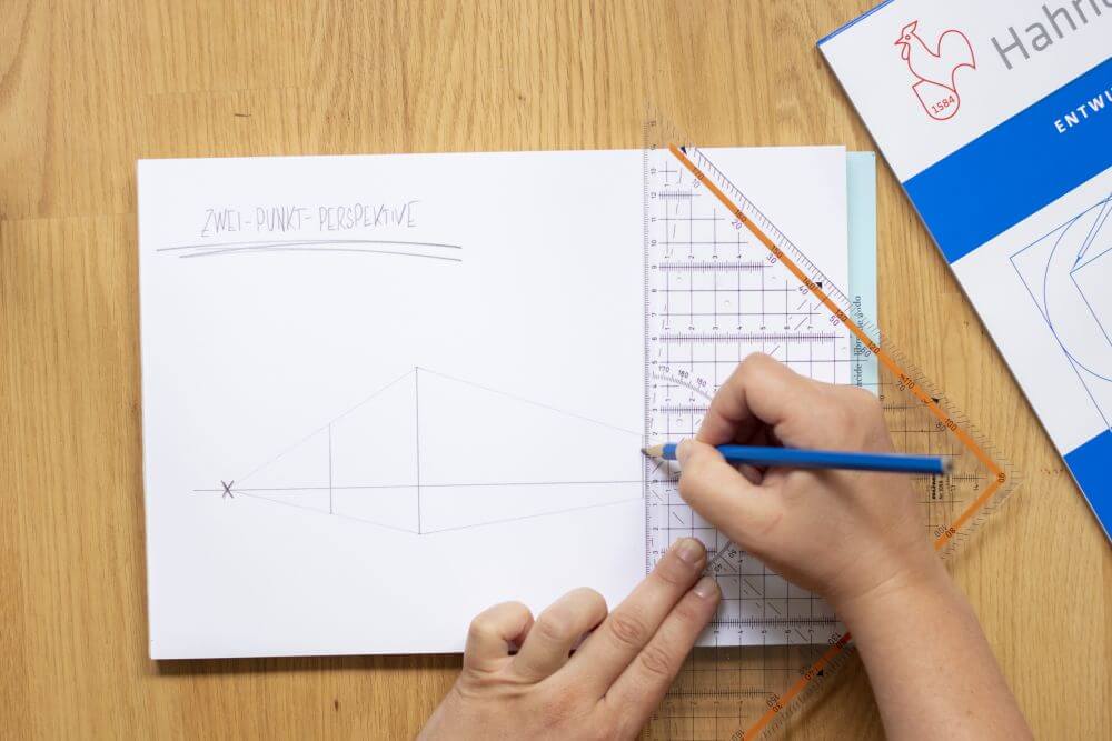 2-Punkt-Perspektive Schritt 5: Rechts und links von der mittleren vertikalen Linie zwei weitere Linien ziehen, die parallel dazu verlaufen.