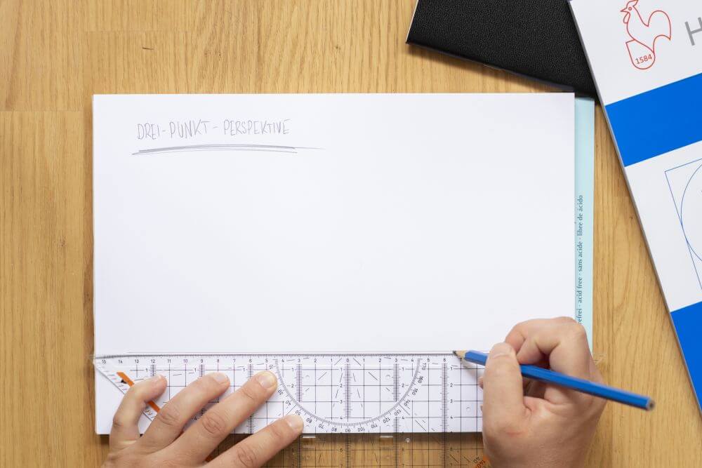 3-Punkt-Perspektive Schritt 1: Parallel zum Papierrand eine Horizontlinie einzeichnen.