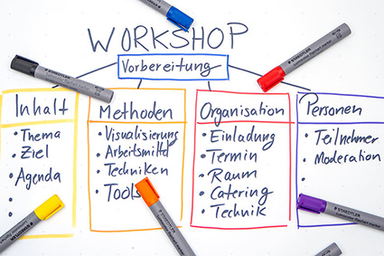 Auf einem Whiteboard-Papier wurde mit farbigen Whiteboard Markern von Staedtler die Vorbereitung eines Workshops visualisiert. Die Marker liegen auf dem Blatt verteilt. Foto: Johanna Rundel