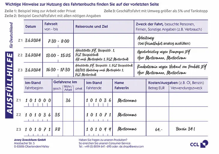 Musterhaft ausgefüllte Seite eines Fahrtenbuchs von Avery Zweckform.