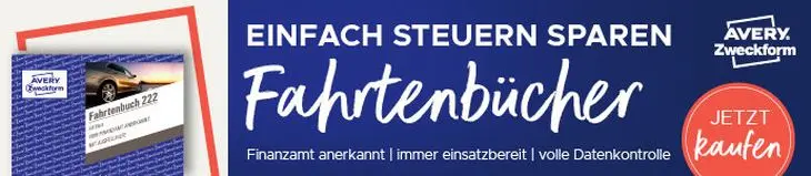 Ein Banner, mit einem Fahrtenbuch und dem Text "Einfach Steuern sparen. Jetzt kaufen."