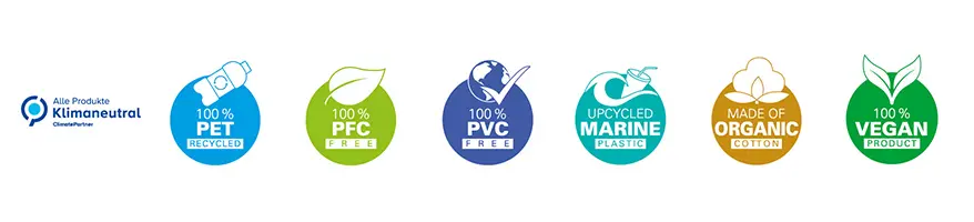 Sechs verschiedene Öko- und Nachhaltigkeitsicons sind nebeneinander abgebildet.