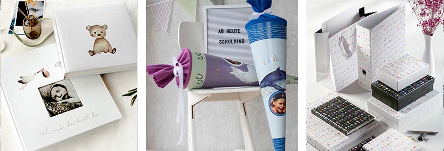 3-geteilte Collage: links zwei Fotoalben der Marke Goldbuch zur Geburt, Mitte: zwei Schultüten von Goldbuch, rechts: Tüten, Stehsammler, Aufbewahrungsboxen der Marke Goldbuch.