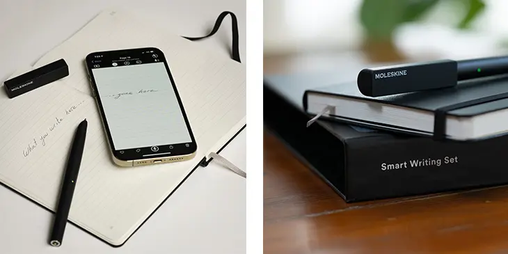 Zwei Fotos zum Smart Wrtiting System von Moleskine, das analoges mit digitalem Schreiben verbindet