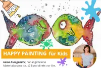 Eine bunt bemalte Leinwand mit Blumen und Text zu Happy Painting Workshops.
