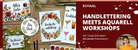Bild mit unterscheidlich gestalteten Karte und Text "Handlettering meets Aquarell Workshops"