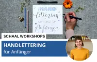 Bild mit gestalteter Karte und Text "Handlettering für Anfänger"