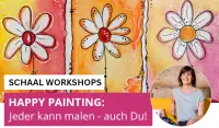 Eine bunt bemalte Leinwand mit Blumen und Text zu Happy Painting Workshops.