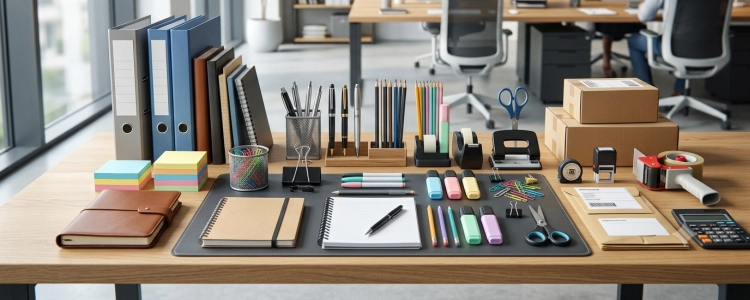 Blick auf einen mit Büromaterial bestückten Schreibtisch