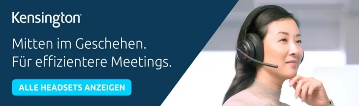 Das Bild zeigt eine Frau, die ein modernes Headset von Kensington trägt. Der Slogan 'Mitten im Geschehen. Für effizientere Meetings.' unterstreicht die Eignung für professionelle Kommunikation und Videokonferenzen.