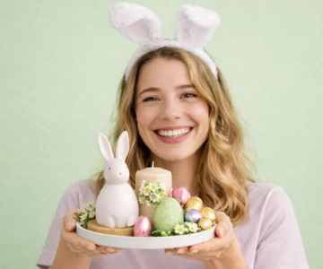 Frau mit Hasenohren hältDeko Teller mit Osterdeko und Schokolade