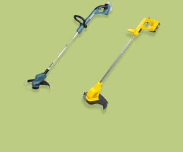 Rasentrimmer auf grünem Hintergrund.