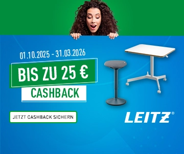 Eine Frau guckt über Banner mit Leitz Ergo Produkten