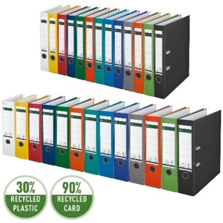 Das Bild zeigt eine Auswahl an Leitz Ordnern in verschiedenen Farben, aufgereiht in zwei Reihen. Die Ordner bestehen zu 30 % aus recyceltem Kunststoff und 90 % aus recycelter Pappe, was durch entsprechende Symbole hervorgehoben wird.