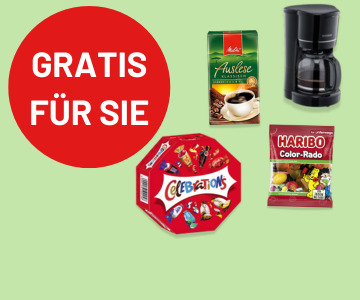 Gratis für Sie mit verschiedenen Artikeln auf grünem Hintergrund