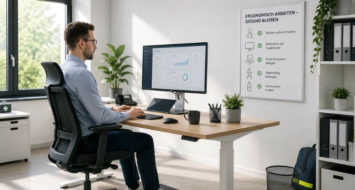 Mann arbeitet an ergonomischem Arbeitsplatz in modernem Büro.