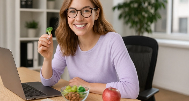 Frau im Büro vor Laptop mit gesunden Snacks.