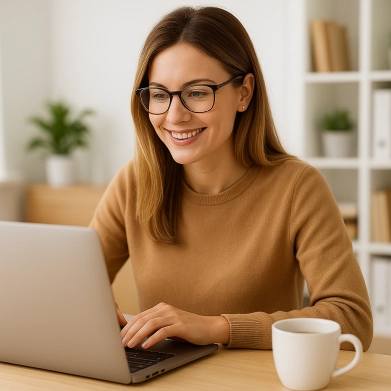 Frau mit Lesebrille arbeitet konzentriert am Laptop.