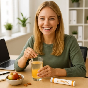 Lachende Frau löst Brausetablette im Büro in Wasser auf.