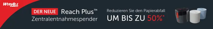 Das Banner zeigt den neuen WypAll Reach Plus™ Zentraltuchspender mit dem Slogan „Reduzieren Sie den Papierabfall um bis zu 50 %“. Auf der rechten Seite sind der Wischtuchspender sowie zwei Wischtuchrollen in Weiß und Blau abgebildet.