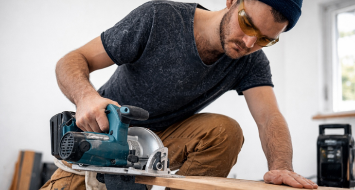 Ein Mann schneidet ein Brett.