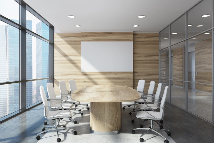 Ein Bild, das einen leeren, aufgeräumten Konferenzraum zeigt.