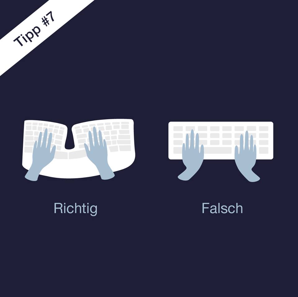 Skizze zeigt, wie man seine Händle korrekt auf der Tastatur platziert.