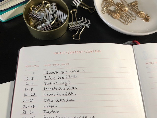 Ein aufgeschlages Bullet Journal zeigt eine Index- bzw. Inhaltsverzeichnis-Seite.