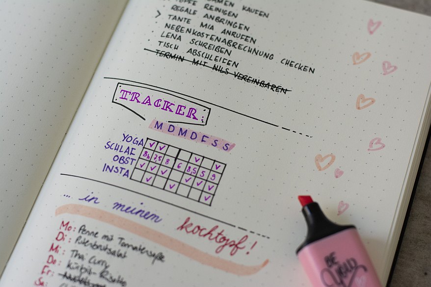 Seite eines Notizbuches, welche einen erstellten Habit Tracker und diverse Aufgaben zeigt.