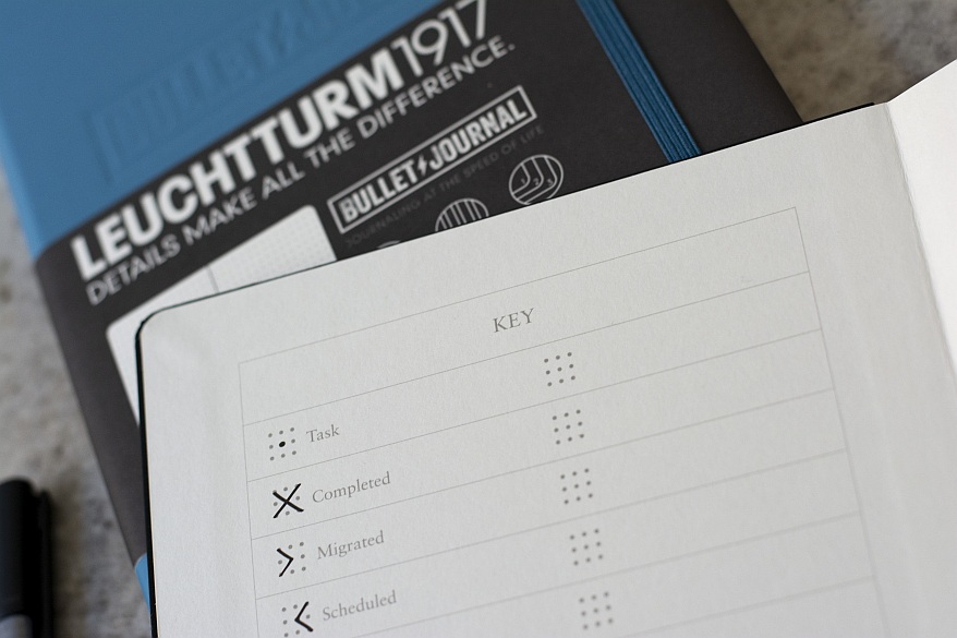 Seite eines Notizbuches, welche mit einem Key versehen ist, der Aufschluss darüber gibt, was welche Kürzel im Bullet Journal bedeutet. Im Hintergrund ist ein Notizbuch der Marke Leuchtturm1917 zu sehen.