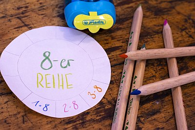 Auf einem Holztisch liegen ein als Kreis zugeschnittenes Blatt Papier. Dieses wurde mit Buntstiften beschriftet und bilden die 8er-Reihe ab. Rechts daneben liegen verschiedene 